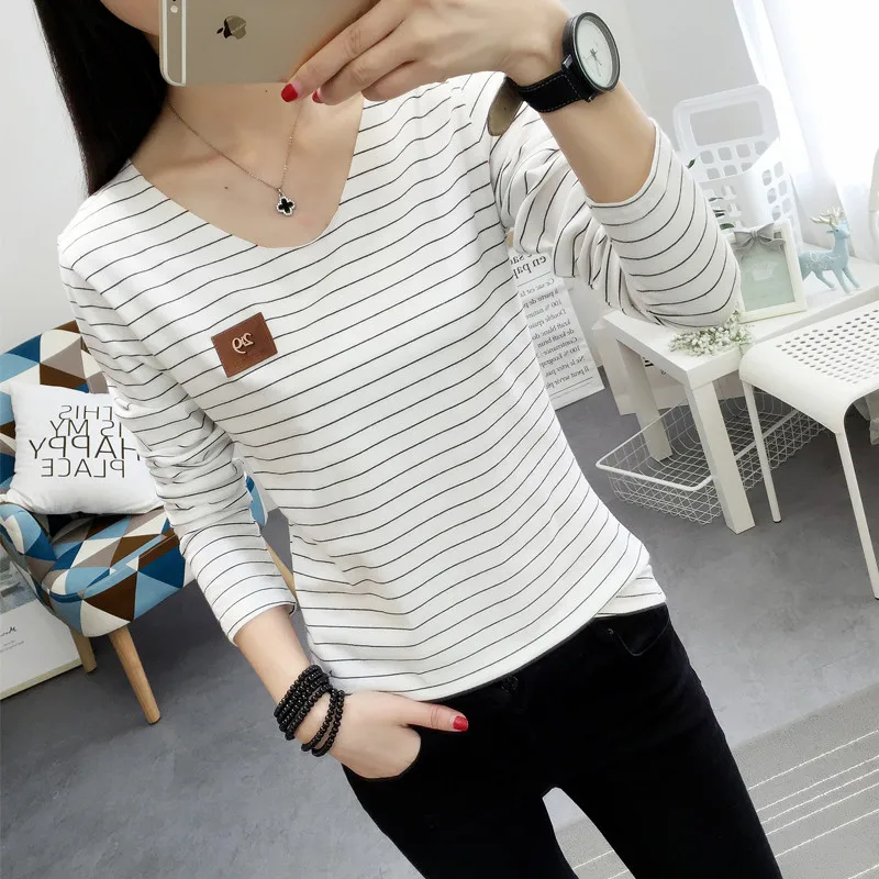 Новинка 2017 года осень Для женщин футболка с длинными рукавами Мода v-образным