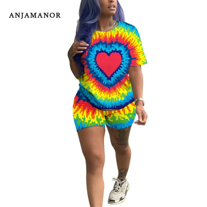

ANJAMANOR 2 Piece Set Cute Casual Sports Suit Matching Sets Women Fashion Outfit Summer 2020 Plus Size Tye Dye Clothes D52-AD85