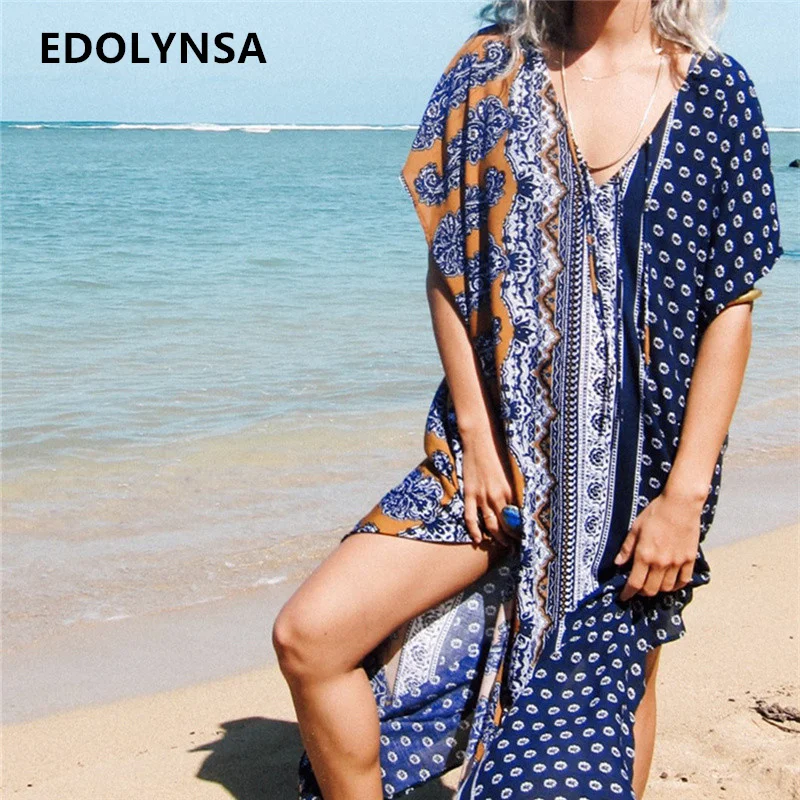 Boho богемное платье для девочек синего цвета с макси размера плюс пончо короткими