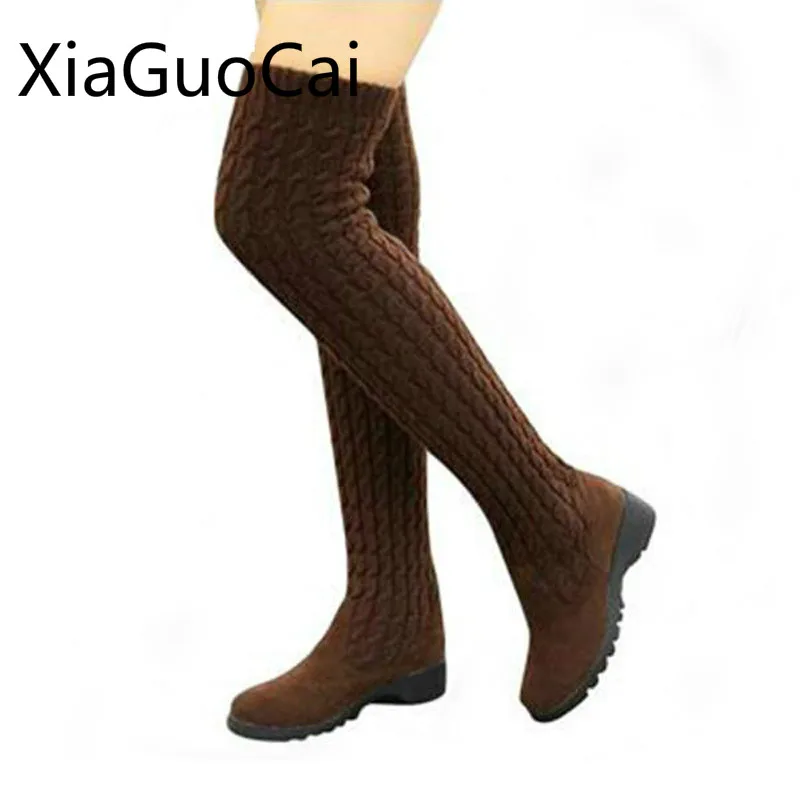 

Модные вязаные женские длинные сапоги, вязаные женские зимние сапоги до бедра с круглым носком для женщин, Сапоги выше колена, Lu1 35