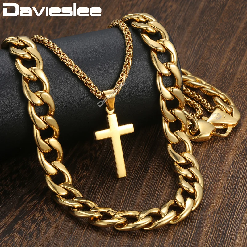 Davieslee Necklace For Men Gold Stainless Steel Cuban Wheat Link Chain Cross Pendant Hip Hop Jewelry 13mm 24inch DDN08 | Украшения и