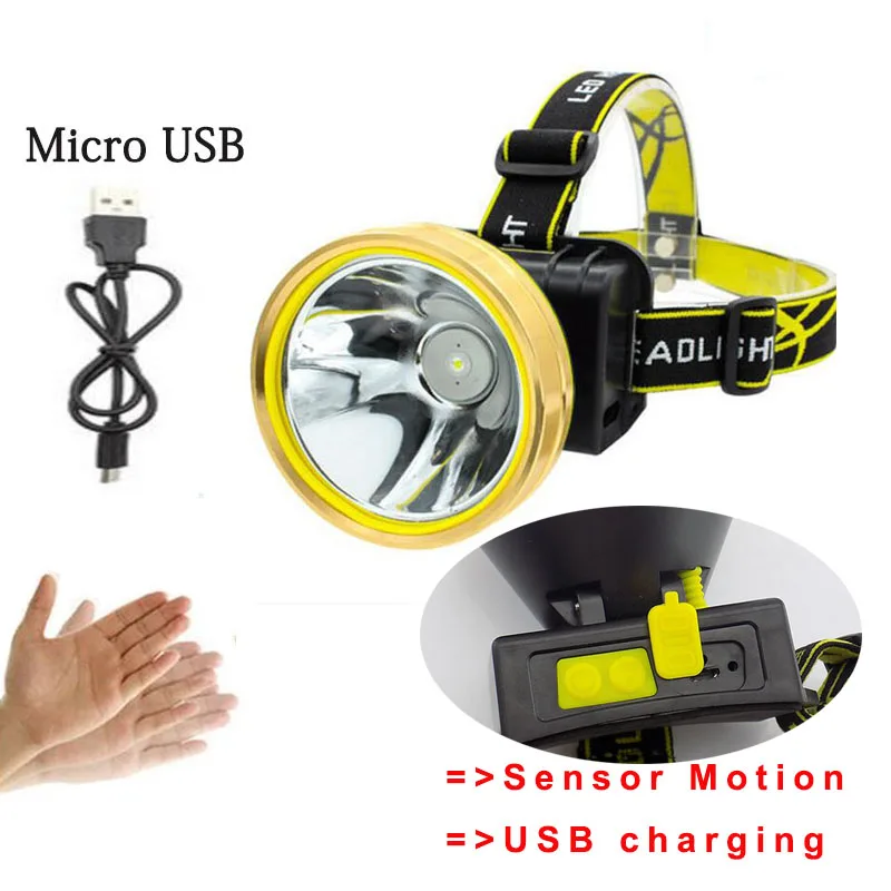 Мощный светодиодный налобный фонарь T6 с датчиком зарядка через Usb Головной для