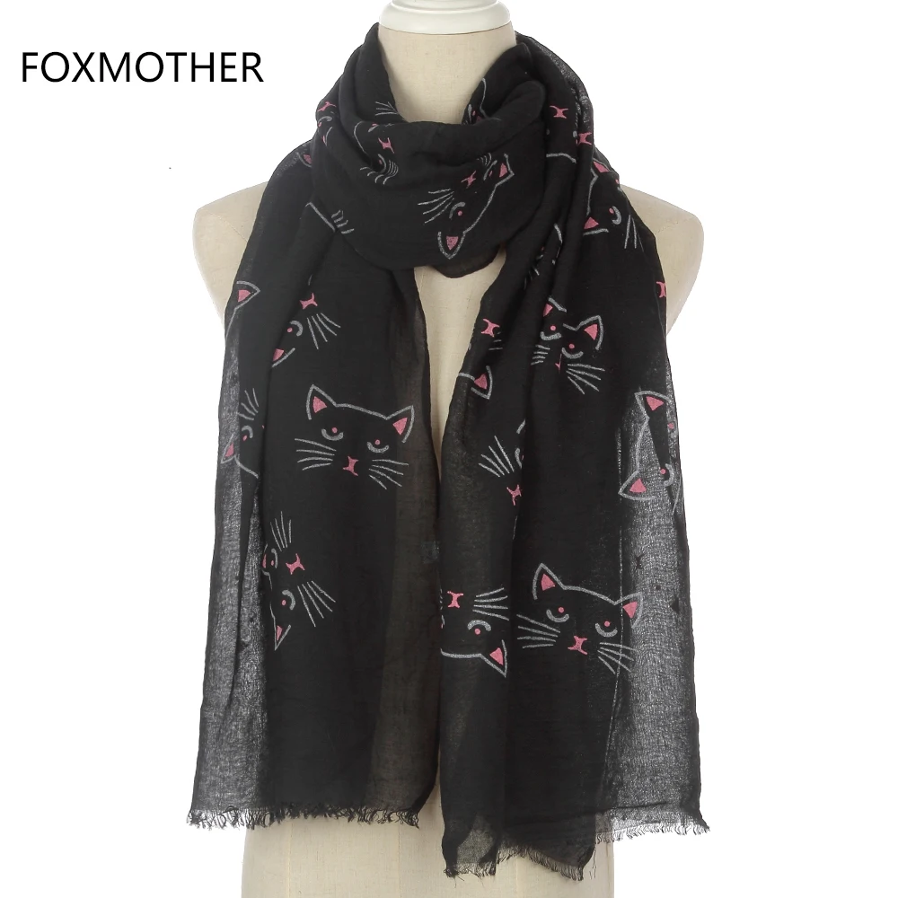 FOXMOTHER новая милая модная женская обувь цвета: черный, серый, бежевый, кошка печать длинный шарф для женщин
