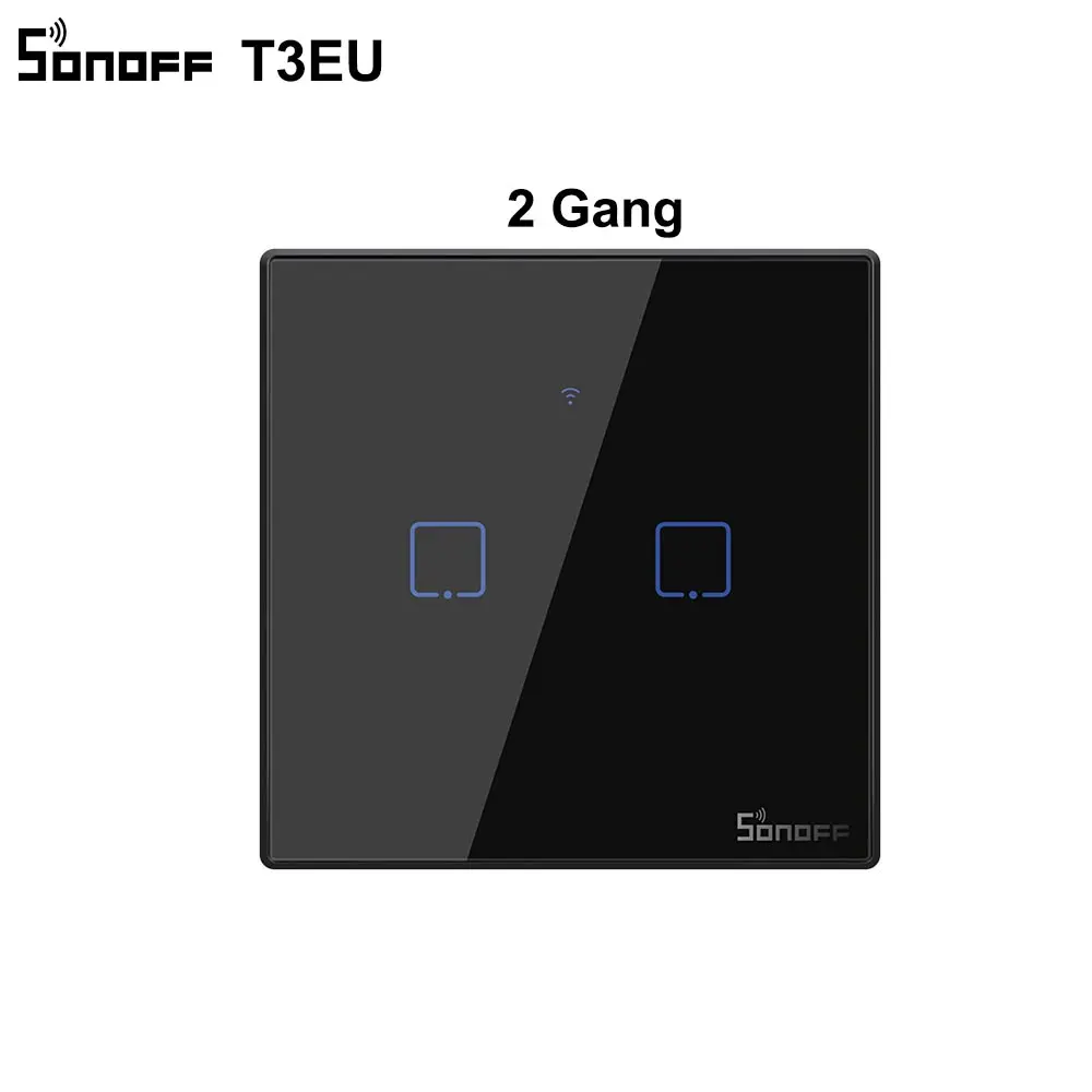 2 gang Интеллектуальный выключатель света SONOFF T3EU TX Smart Wi-Fi настенный сенсорный выключатель Черный с границы умный дом 1/2/3 433 RF/Голосовое управление/приложение Управление работает с Amazon Alexa - Цвет: 2 gang
