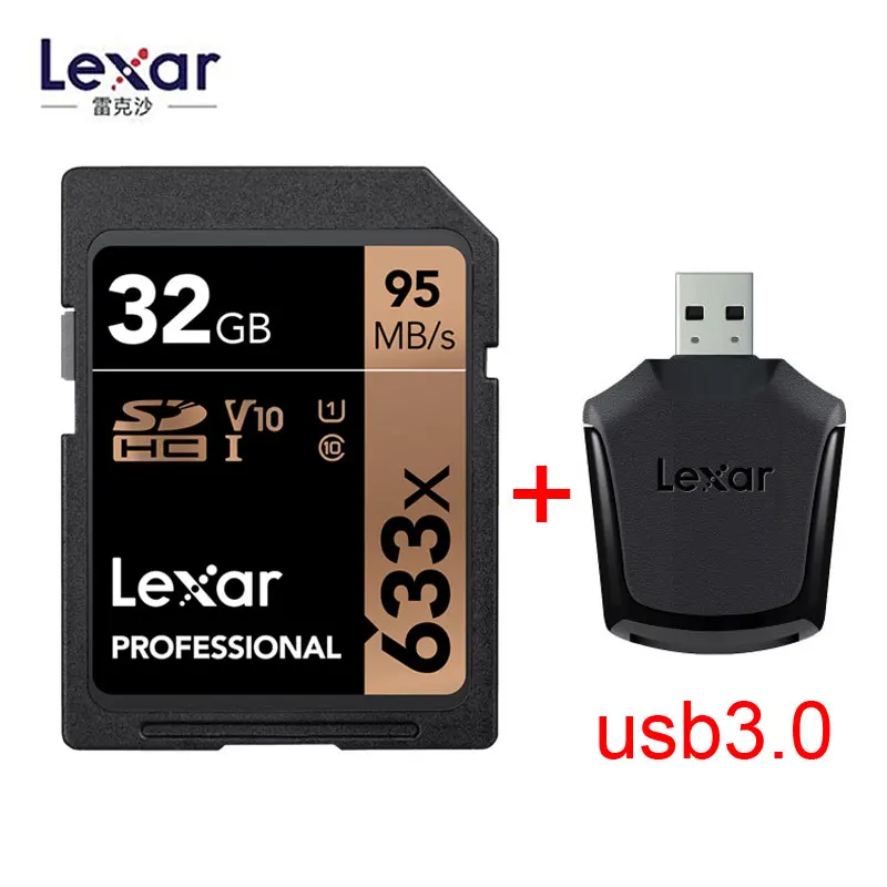 32GB-USB3.0 Lexar 95 м/с 633x16G 32 ГБ U1 SDHC 64 Гб 128 ГБ 256 ГБ U3 SD карта SDXC класс 10 карта памяти для 1080p 3D 4K видеокамера - Емкость: 32GB-USB3.0