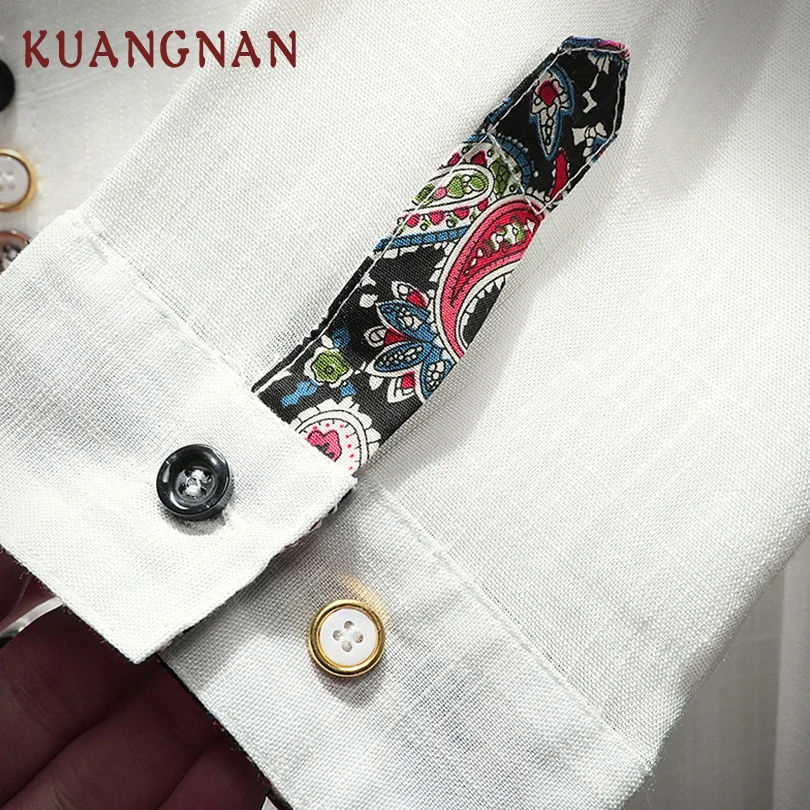 KUANGNAN белая льняная рубашка в китайском стиле Мужская Уличная одежда мужские