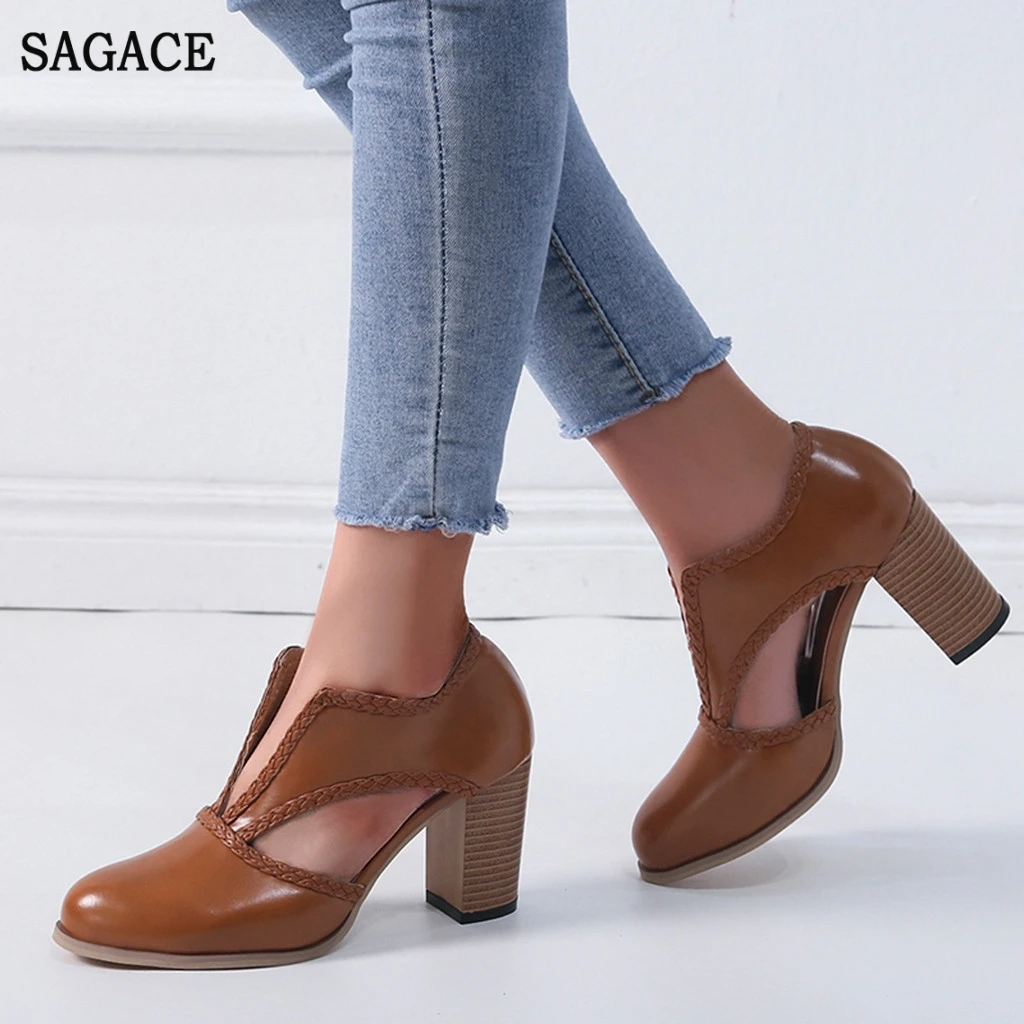 SAGACE женские модные туфли в римском стиле ретро на квадратном каблуке с острым
