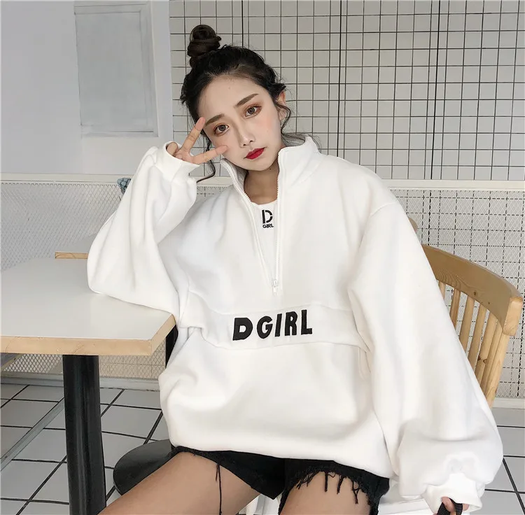 Женские толстовки Harajuku Ulzzang с вышитыми буквами и высоким воротником Свободная