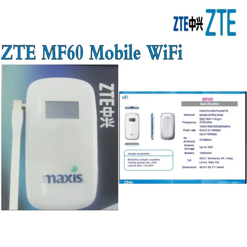 Мобильная Wi Fi точка доступа ZTE MF60 MiFi разблокированная SimFree 2G 3G HSUPA HSDPA UMTS 21 Мбит/с