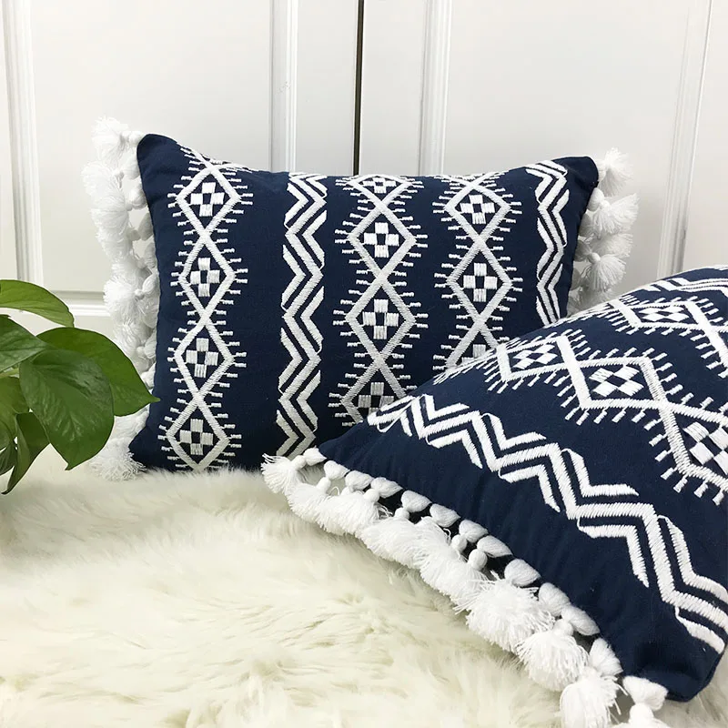 blue pillow covers geometric embroidered cushion cover home decor embroidery throw decorative pillowcase | Дом и сад