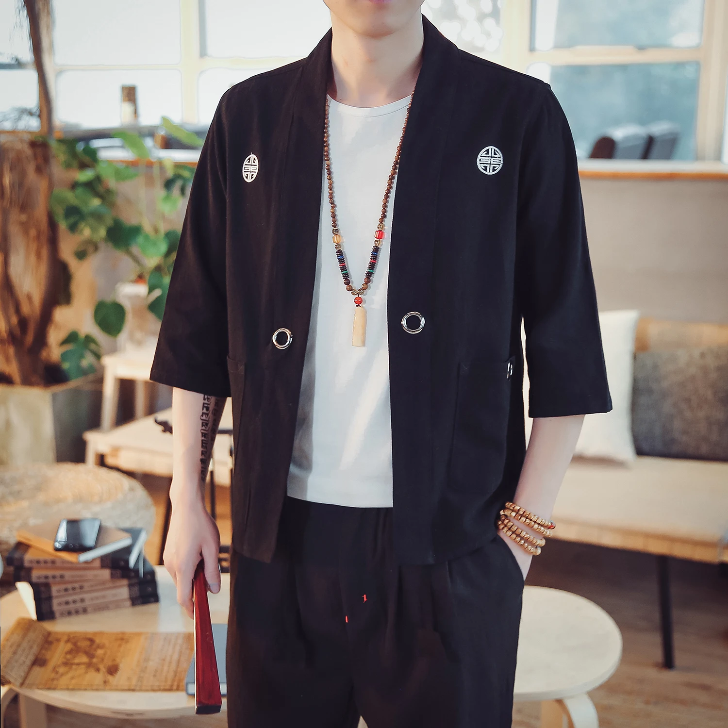 Мужская летняя куртка-кимоно с коротким рукавом и вышивкой 5 цветов | одежда