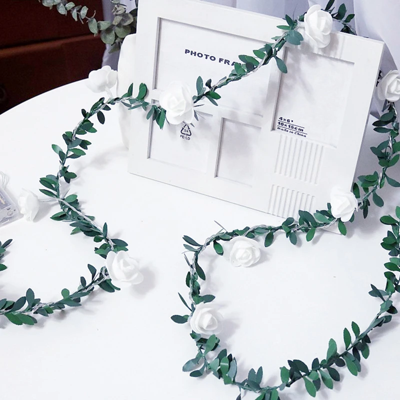

1.5m 3m 6m Rose Flower Vine LED String Lights Battery/USB Operated Green Leaf Garland lamp for Valentine's Day Wedding Christmas