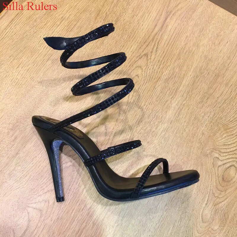 

New Snake Style Women Sandals Crystal Band Ankle Wrap High Heels Gladiator Sandals Women Wedding Shoes Woman Sandalias Mujer