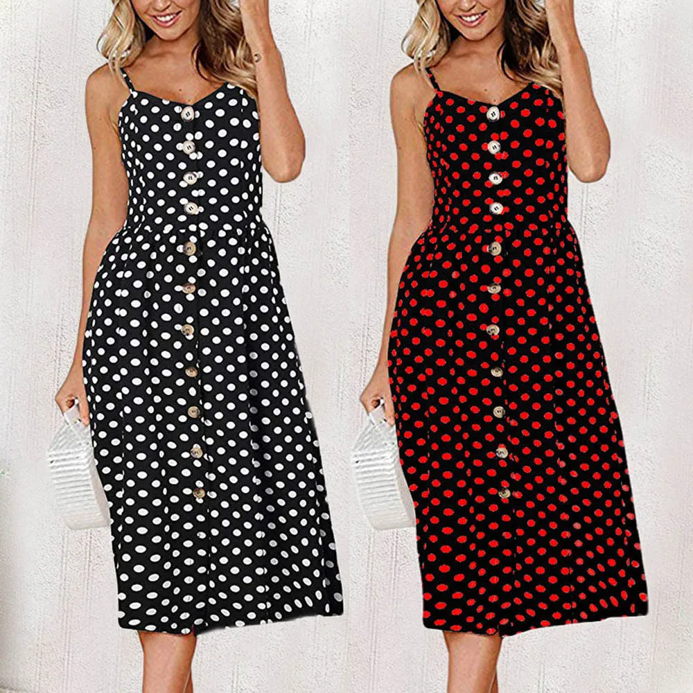 Fashion Womens Polka Dot Print Backless Sundress Button Chiffon Camis Long DressPolka Printed Sling Buttoned Open Back Dress | Женская