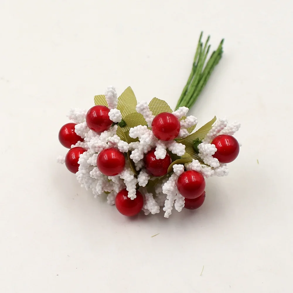 white red 10 шт Искусственные мини жемчужные ягоды с тычинками свадебное оформление букета поддельный венок DIY Рождественское украшение коробки для конфет буфер обмена - Цвет: white red