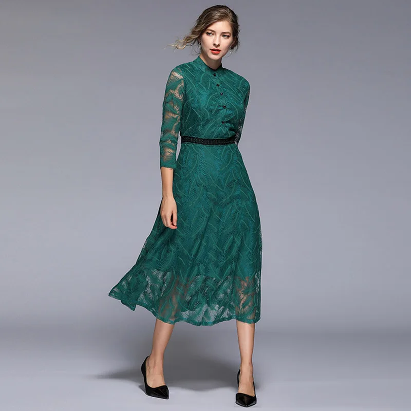 Women Summer Dress Stand Collar Three Quarter Sleeve Green Lace Vintage Elegant Party Dresses Vestidos de fiesta | Женская одежда