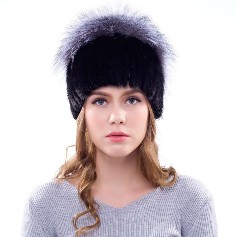 Handmade Winter Women's Genuine Real  Mink Fur Beanies Hats with Silver Fox Fur Top Lady Warm Caps VF5043