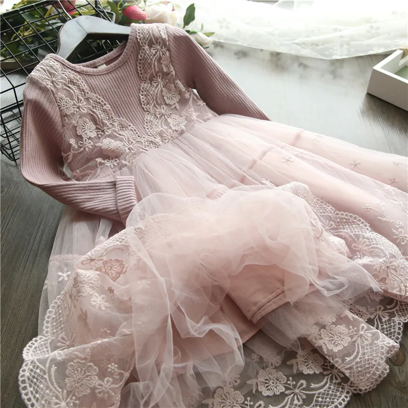 2019 Fashion Spring Autumn Girls Dress lace Mesh Long Sleeve Girl Clothes Baby Princess For Children Clothing | Детская одежда и