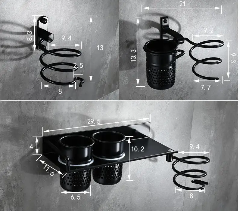 Стойка для фена MJ596 черная алюминиевая полка с чашкой бытовой держатель