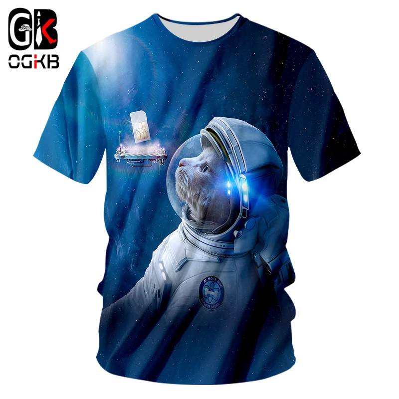 OGKB футболка Hombre новинка короткая Cartooon 3D с принтом кота космонавта повседневная 5XL
