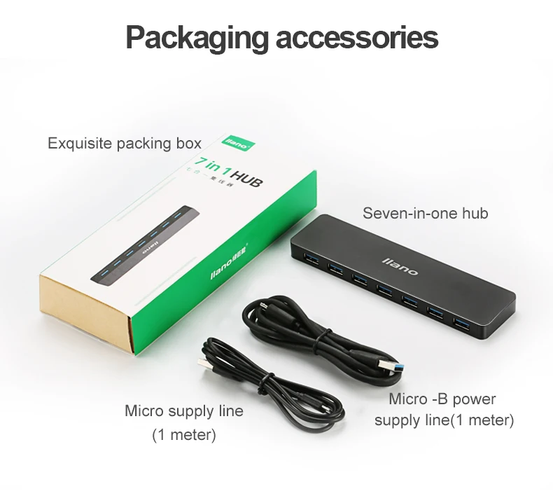 Llano USB разветвитель 7 со шнуром питания концентратор 4-портовый USB3.0 многопортовое «высокоскоростной расширения ноутбук конвертер металлическими вставками, цвета: черный