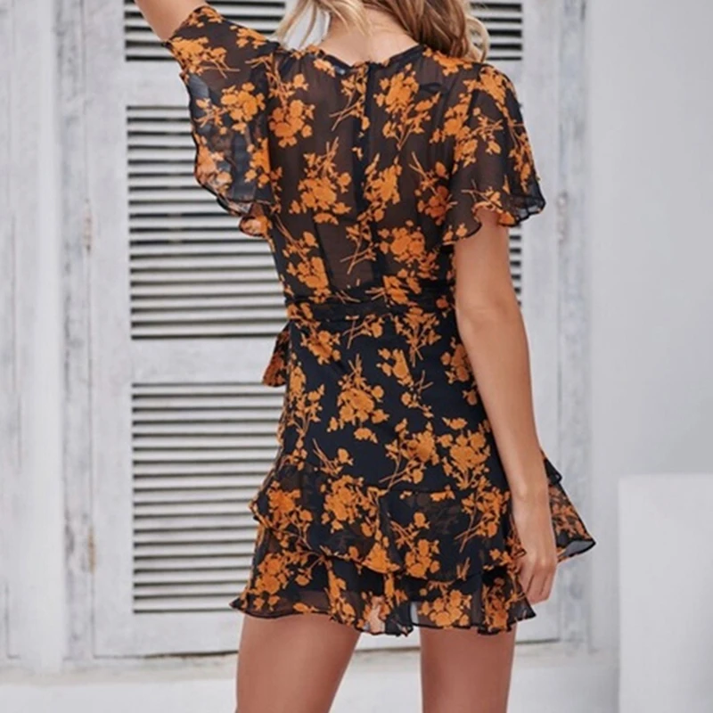 Summer Short Sleeve Mini Dress Women 2020 Sexy Deep V Neck Sundress Floral Printed Vacation Dresses With Belt Ladies Vestido | Женская