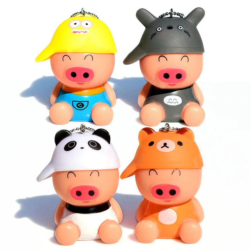 

Pig Hat Animal Keychain Leather Rope Bells Rabbit Fur Fluffy Pompom Key Chains Women Bag Charm Car Kids Toys Pendant Keyring