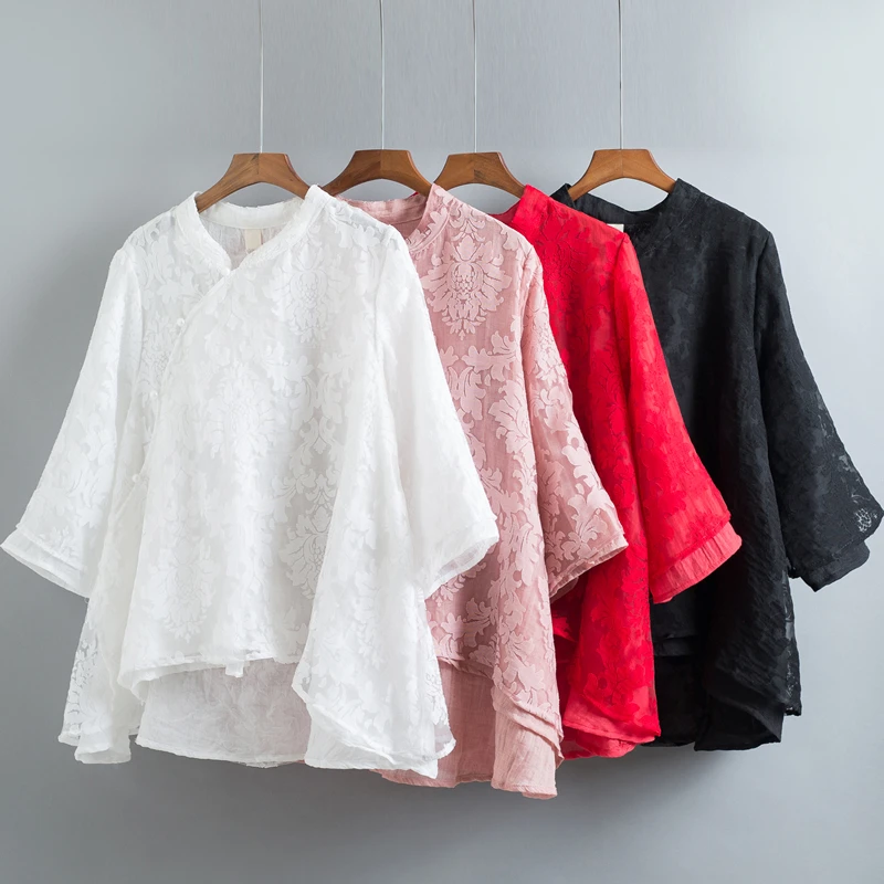 Одноцветная сетчатая жаккардовая двухслойная мягкая Тонкая блузка из хлопка и