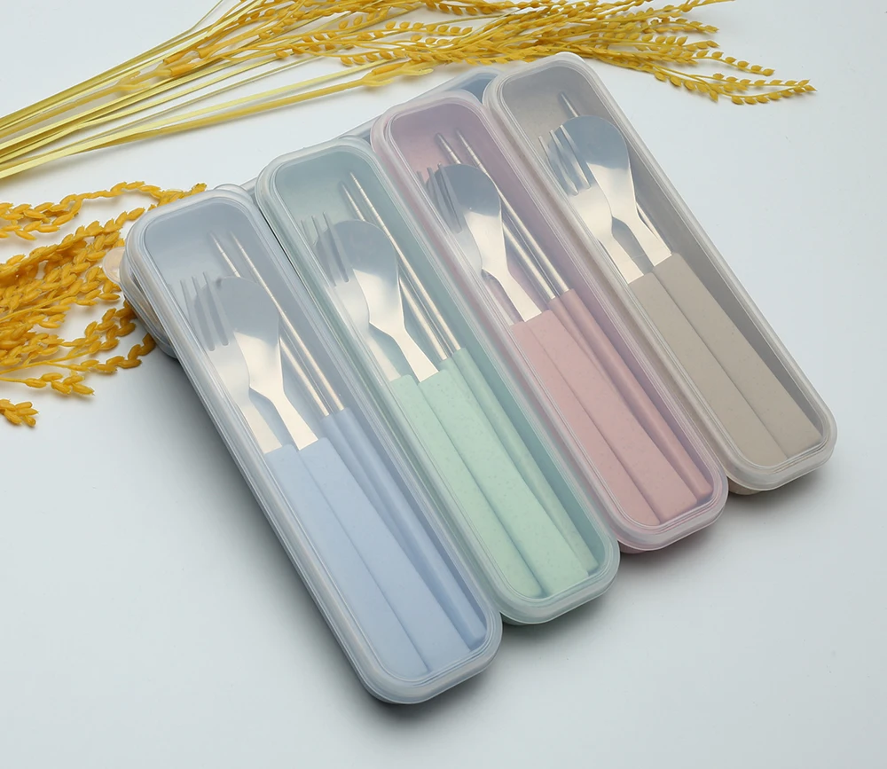 Nordic Color Wheat Straw plastic Dinnerware Set Portable Outdoor Camping Picnic School Kids cutlery Stainless Steel Tableware