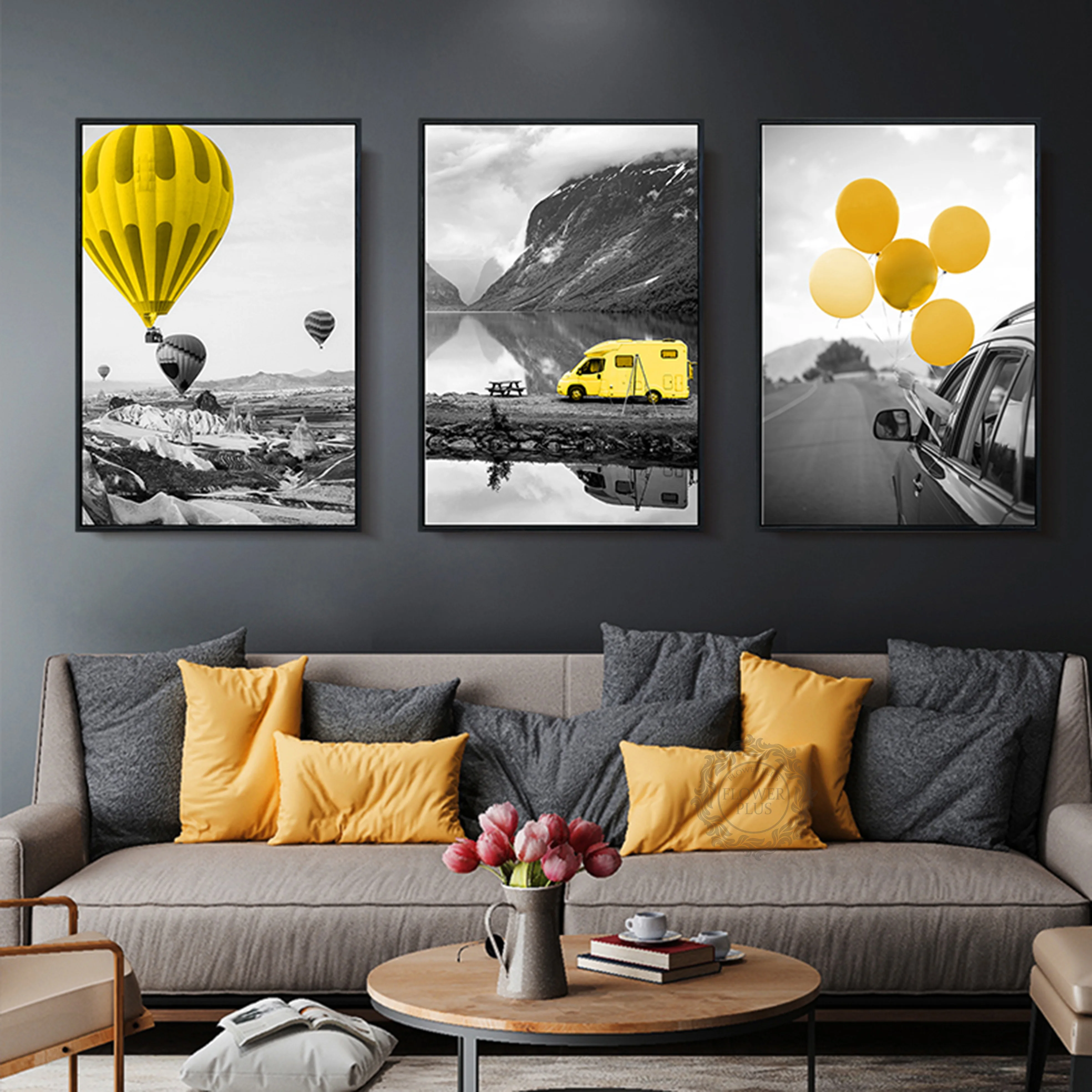 

Nordic Yellow Hot Air Balloon Decoration Painting Poster Living Room Bedroom Atmosphere Black And White Landscape Painting