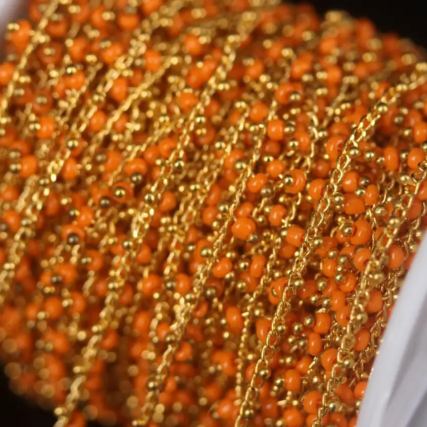 

5Meter/lot,Orange Tiny Cube Beads Rosary Chain,Glass Rondelle with Gold color Brass Wire Wrapped Women Sweater chains Jewelry