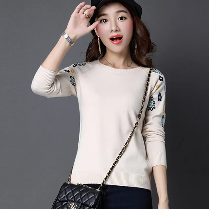 Женский трикотажный свитер с круглым вырезом длинным рукавом | Женская одежда