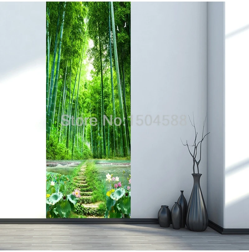 ПВХ Наклейка на дверь 3D Природа Пейзаж бамбуковый лес дорожка обои гостиная кухня самоклеющиеся настенные 3D наклейки s домашний декор