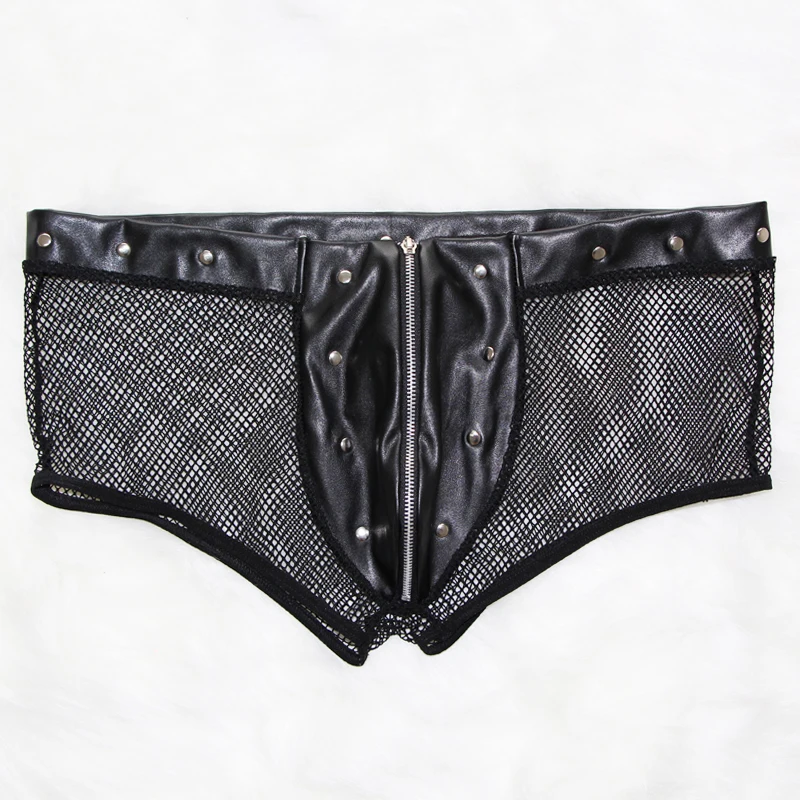 Мужские кожаные сетчатые Лоскутные боксеры, шорты, Cueca, нижнее белье для мужчин, открытые сетчатые кожаные сексуальные трусы, боксеры, трусы, трусы