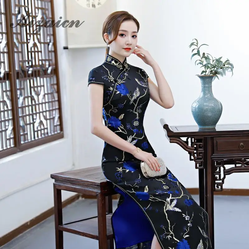 Восточный стиль ретро длинный Cheongsam черный Chinoise тонкий Qi Pao для женщин Китайская традиционная одежда платье Ципао Женская Роба в восточном стиле