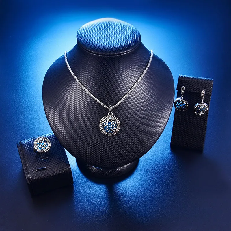 Модный винтажный набор украшений для женщин серебряный цвет Дубай Синий Круглый