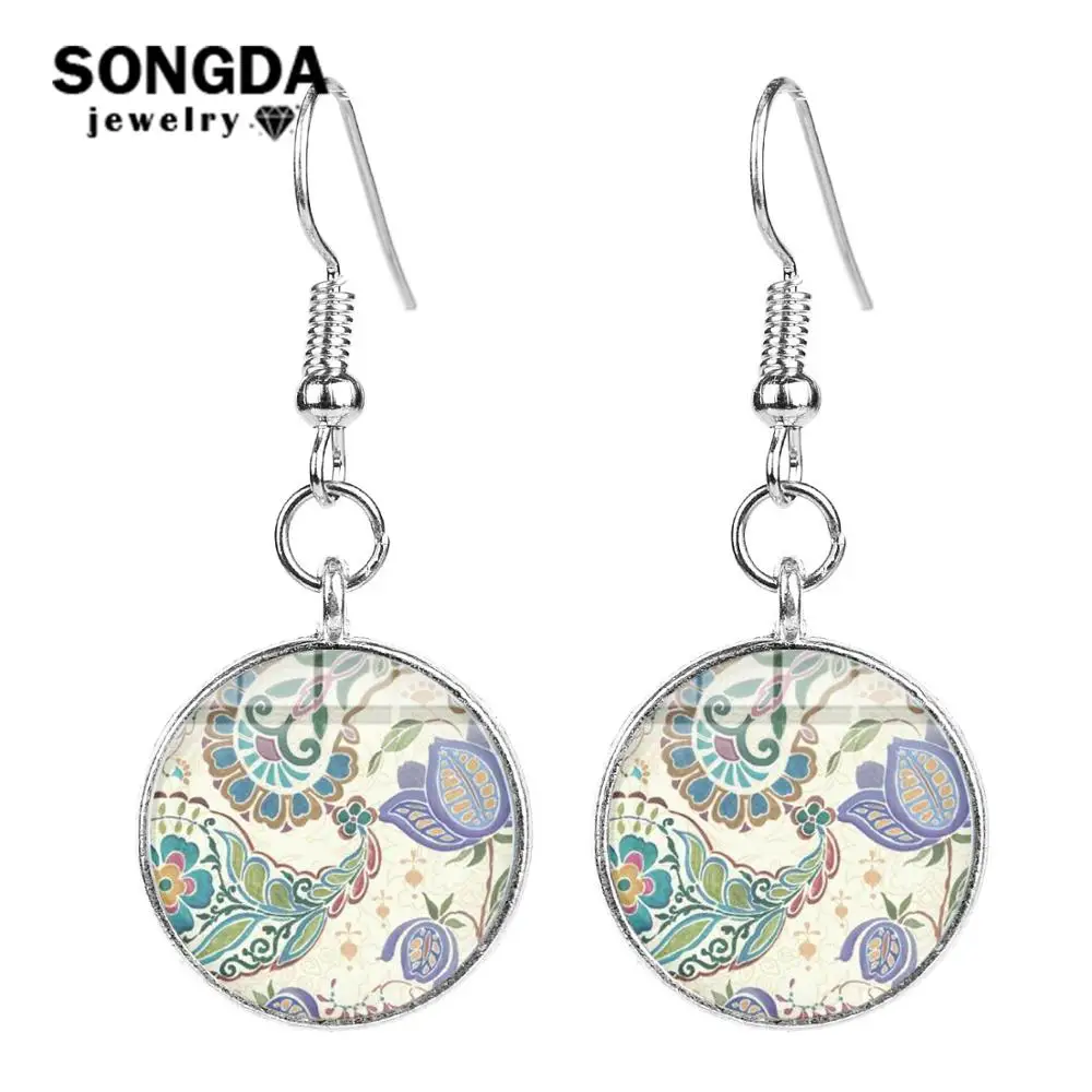 

SONGDA Mandala Jewelry Artistic Paisley Flowers Art Photo Glass Cabochon Drop Earrings Om Symbol Buddhist Zen Statement Earrings