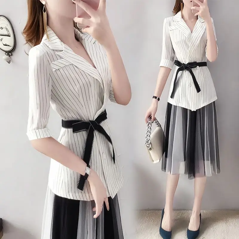 

Elegant Two Piece Skirt Set Striped 2 Piece Sets Womens Outfits Office Lady Ensemble Femme Deux Pieces Year-old Female Costume