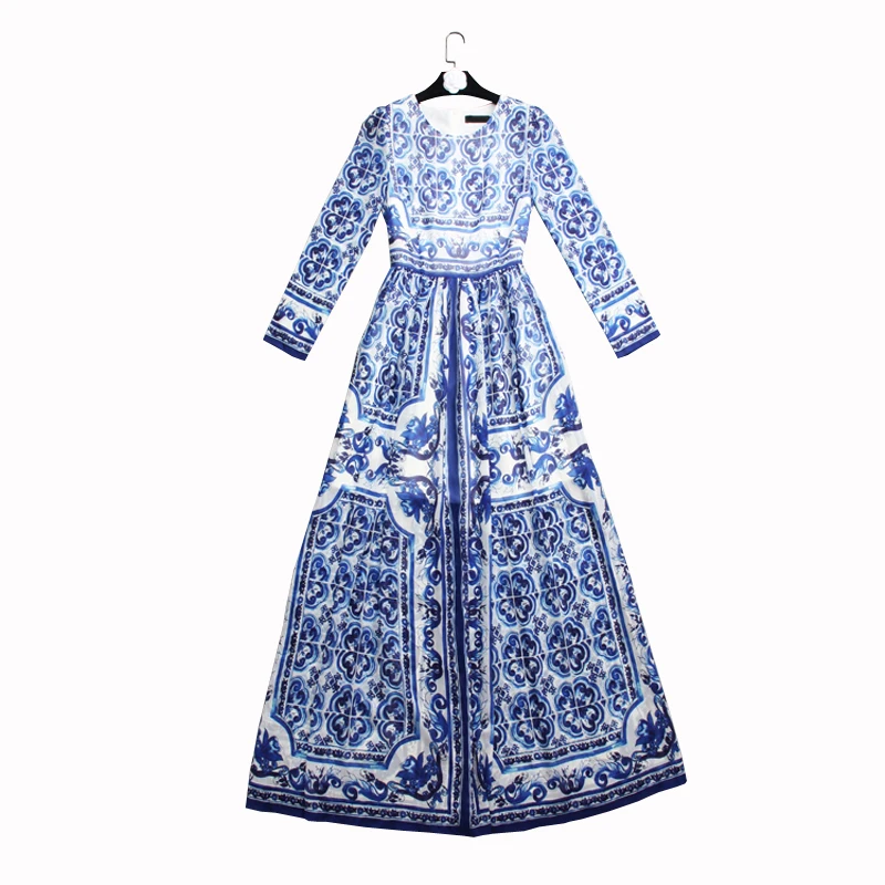 Высокое качество 2017 Весна и осень Новый синий белый фарфор Печать с длинными