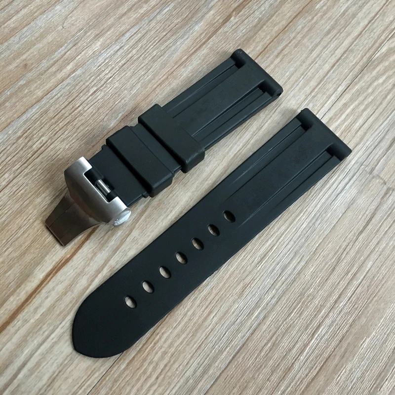Quality Vanilla 24mm 26mm Black Soft Nature Rubber Watchband With Butterfly buckle For PAM PAM441 111 359 Wacth Strap engraving