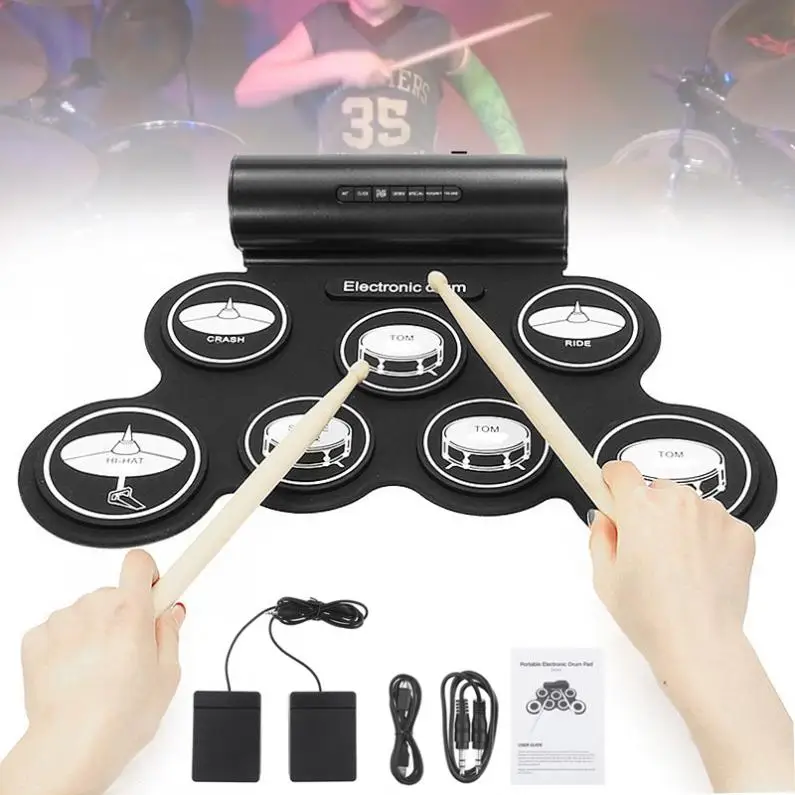 Портативный рулонный электронный барабан набор из 7 силиконовых прокладок