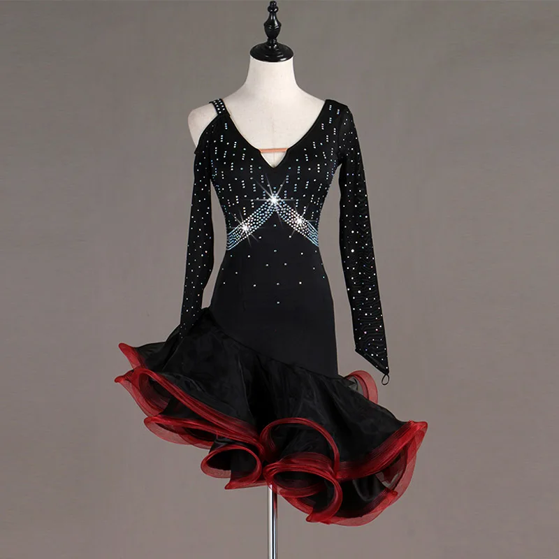 Black and red Платье для латинских танцев, блестящее, с длинным рукавом, черная, белая и красная юбка, женская профессиональная одежда для Танго/румбы DQL259 - Цвет: Black and red