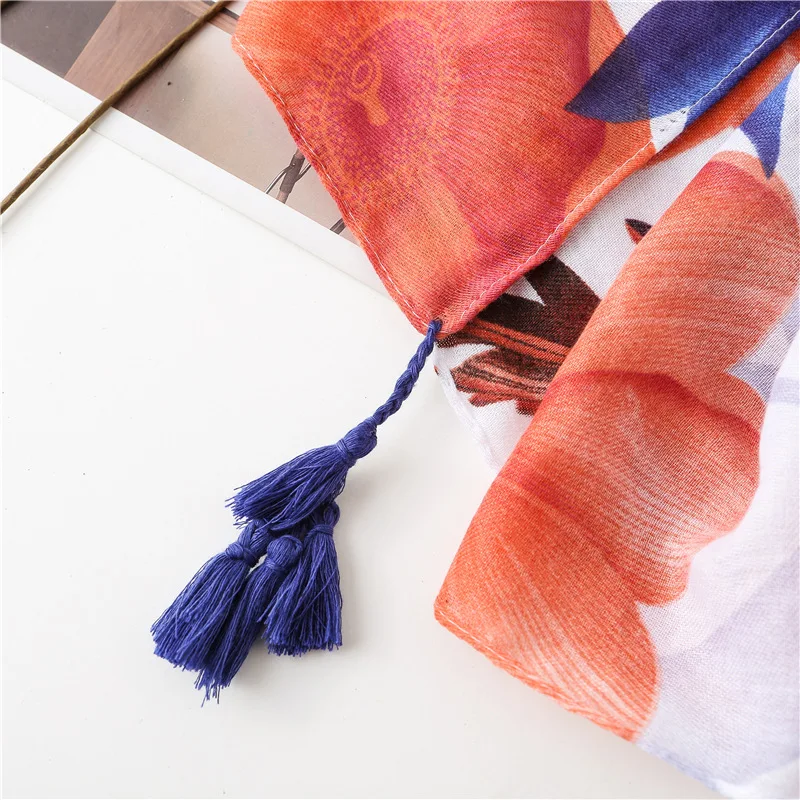 Marte Joven Orange and Blue Big Leaf Print Scarves Women Elegant Summer Sunscreen Beach Wrap Long Shawl for Ladies | Аксессуары для