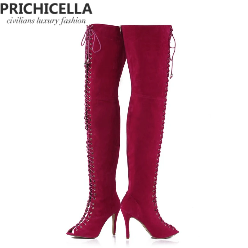 PRICHICELLA/пикантные женские сапоги-гладиаторы с открытым носком на высоком каблуке со шнуровкой; цвет красный, черный, коричневый; высокие сапоги до бедра; size35-42