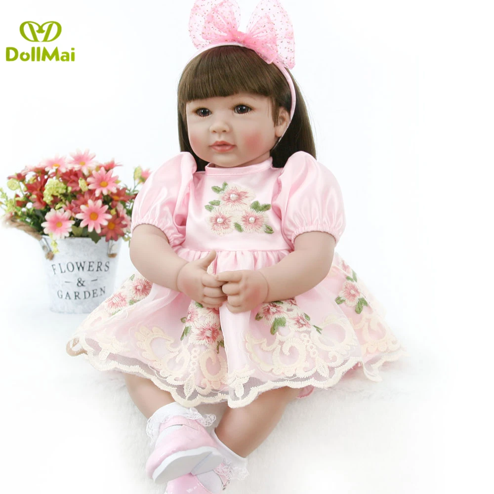 High quality vinyl silicone reborn baby doll toddler girl princess with long hair pink dress children gift bebe | Игрушки и хобби