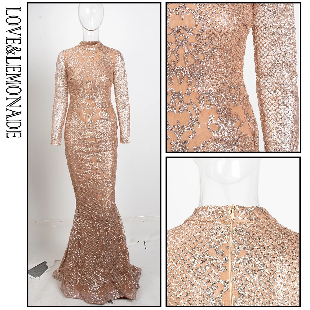 

LOVE & LEMONADE Stand Geometry Glue Beads Material Long Dress LM81345GOLD