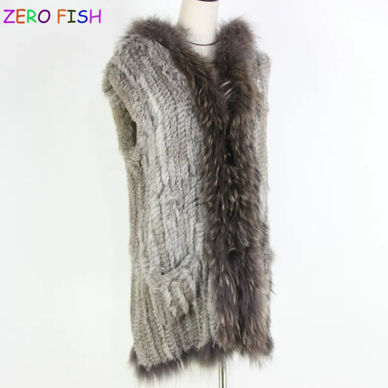 high quality hot sale knitted rabbit fur pocket vest raccoon dog collar with hood waistcoat | Женская одежда
