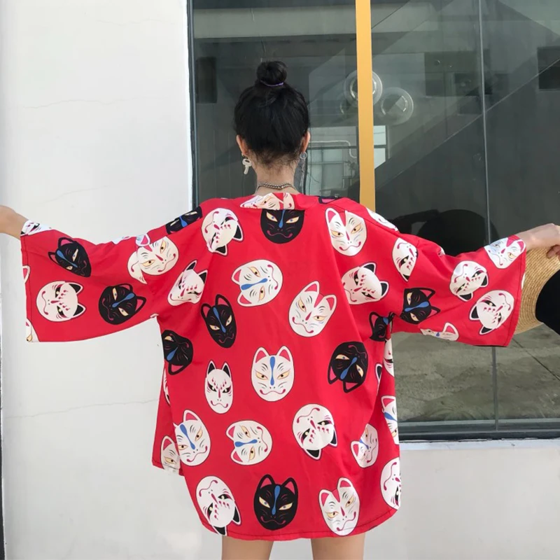 Harajuku кимоно японский товары для кошек печати Свободные Повседневное кардиган