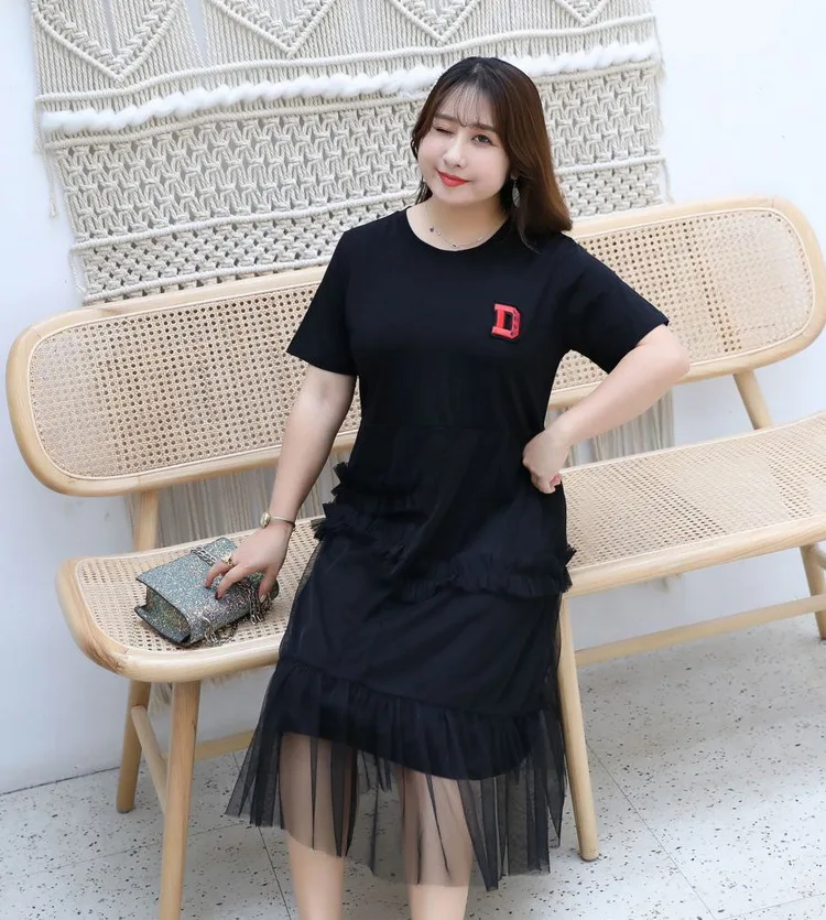 4XL-8XL летнее женское Сетчатое платье, повседневное, 5xl, плюс размер, черное платье с буквенным принтом, с оборками, с круглым вырезом, 6xl, 7xl, большие размеры, женские свободные платья
