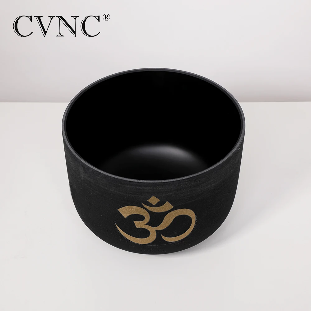 CVNC 8 Inch Black Frosted Quartz Crystal Singing Bowl OM Design F Note Heart Chakra with Free Rubber Mallet and O-ring enlarge
